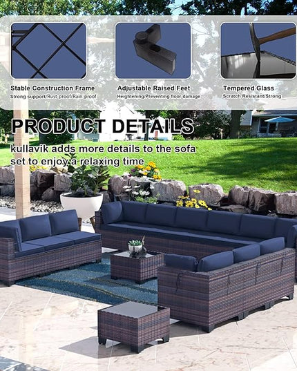 Kullavik 14PCS Outdoor Patio Furniture Set PE Wicker Rattan Sectional Sofa Patio Conversation Sets,Navy blue - LeafyLoom