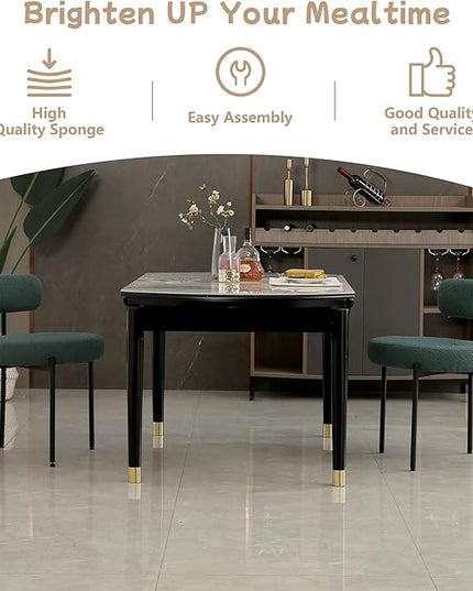 Dark Green Dining Chairs Set of 4 Round Upholstered Boucle Dining Room Chairs Mid-Century Modern Kitchen Chairs Curved Backrest Chairs for Dining Room Black Metal Legs - LeafyLoom