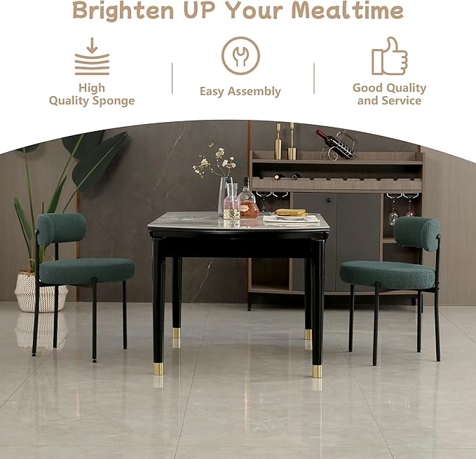Dark Green Dining Chairs Set of 4 Round Upholstered Boucle Dining Room Chairs Mid-Century Modern Kitchen Chairs Curved Backrest Chairs for Dining Room Black Metal Legs - LeafyLoom