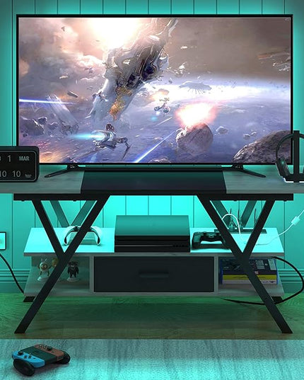 Yusong 65 inch LED TV Stand, Entertainment Center Gaming TV Table with Outlets, Up to 65" Media Console for Living Room, 29+DIY Dynamic RGB Modes, Greige and Black - LeafyLoom