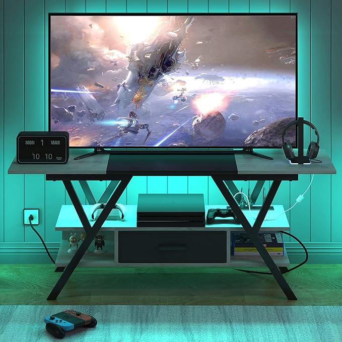 Yusong 65 inch LED TV Stand, Entertainment Center Gaming TV Table with Outlets, Up to 65" Media Console for Living Room, 29+DIY Dynamic RGB Modes, Greige and Black - LeafyLoom