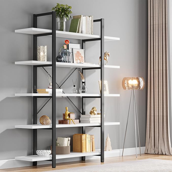 Tribesigns 5-Tier Bookshelf, Vintage Industrial Style Bookcase 72 H x 12 W x 47L Inches, White - LeafyLoom
