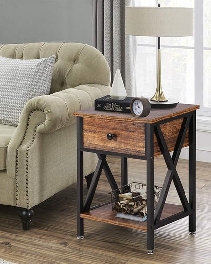 VECELO Modern Versatile Nightstands X-Design Side End Table Night Stand Storage Shelf with Bin Drawer for Living Room Bedroom, Brown+Black - LeafyLoom