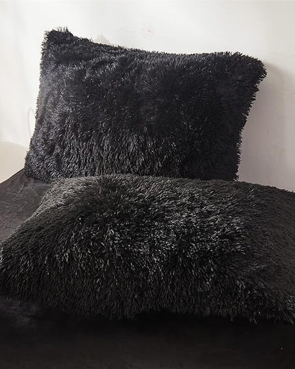 Ultra Soft Black Faux Fur 3 Piece Queen Comforter Set - Plush Fluffy Bedding With Duvet Cover and 2 Pillowcases - LeafyLoom