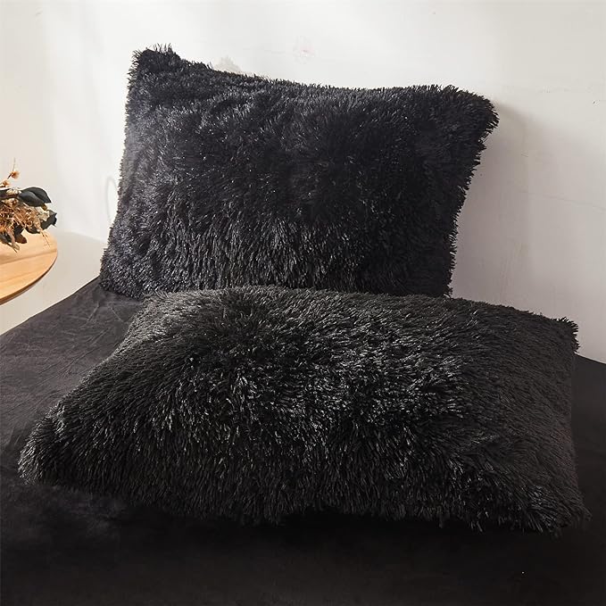 Ultra Soft Black Faux Fur 3 Piece Queen Comforter Set - Plush Fluffy Bedding With Duvet Cover and 2 Pillowcases - LeafyLoom