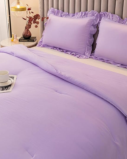 Andency Lavender Twin Size Comforter(66x90Inch), 2 Pieces(1 Ruffle Comforter and 1 Pillowcase) Solid Farmhouse Shabby Chic Comforter, Lighteweight and Soft Microfiber Bedding Set - LeafyLoom