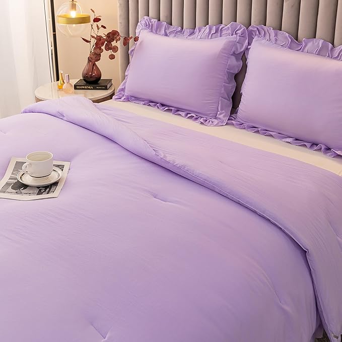 Andency Lavender Twin Size Comforter(66x90Inch), 2 Pieces(1 Ruffle Comforter and 1 Pillowcase) Solid Farmhouse Shabby Chic Comforter, Lighteweight and Soft Microfiber Bedding Set - LeafyLoom