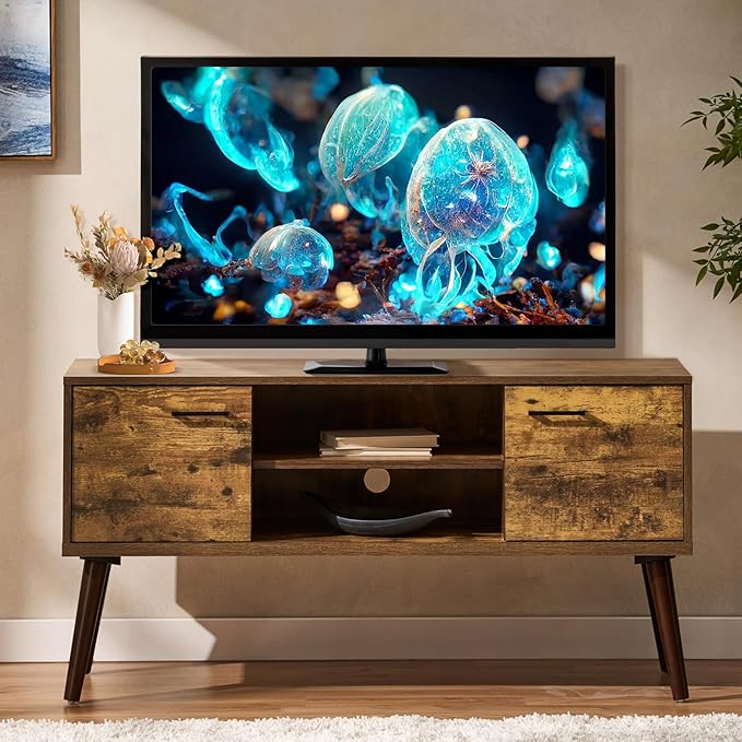 Stand for 35 55 inch Television, Modern Mid Century TV Table, with Adjustable Shelf Entertainment Center, and Two Storage Cabinets, for Living Rooms, Bedrooms, Old Pine - LeafyLoom