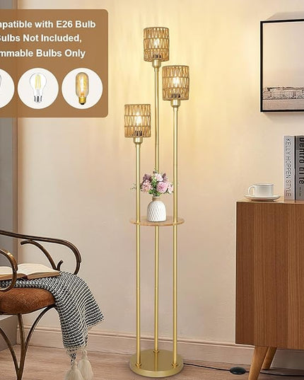Dimmable Boho Floor Lamps for Living Room, 3-Lights Farmhouse Floor Lamp with 3-Way Foot Switch, Gold Floor Lamp with Shelves, Rustic Standing Lamp with Rattan Shades, Tall Lamps for Bedroom - LeafyLoom