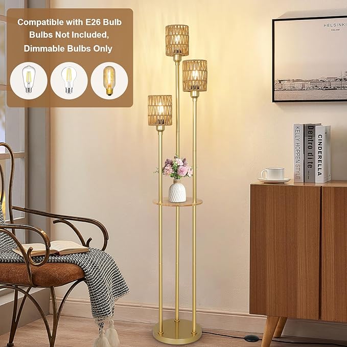 Dimmable Boho Floor Lamps for Living Room, 3-Lights Farmhouse Floor Lamp with 3-Way Foot Switch, Gold Floor Lamp with Shelves, Rustic Standing Lamp with Rattan Shades, Tall Lamps for Bedroom - LeafyLoom