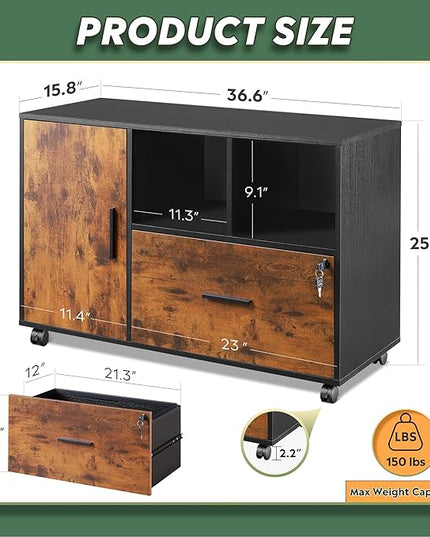 DEVAISE Lateral File Cabinet with Lock, 1-Drawer Rolling File Cabinets on Wheels for Home Office, Wood Printer Stand with Open Storage Shelf, Rustic Brown - LeafyLoom