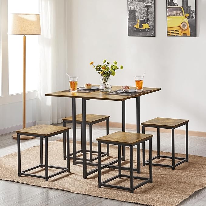 Yaheetech 5 Piece Dining Table & Chair Set - Compact Dining Table Sets Small Kitchen Table with 4 Stools for Dining Room Small Space -Rustic Brown - LeafyLoom