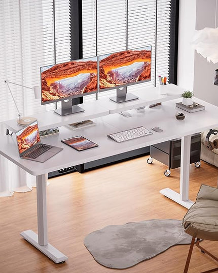 Electric Standing Desk with Monitor Shelf, 63 x 27 Inches Height Adjustable Corner Table, Computer Workstation with Cup Holder and Hook for Home Office, White, 63x27 Inch - LeafyLoom