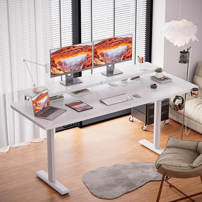 Electric Standing Desk with Monitor Shelf, 63 x 27 Inches Height Adjustable Corner Table, Computer Workstation with Cup Holder and Hook for Home Office, White, 63x27 Inch - LeafyLoom