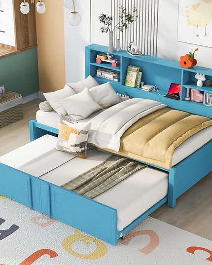 Metal Twin Size Daybed with Trundle and Storage Headboard, USB Charging Port, for Living Room Bedrooms, Blue - LeafyLoom