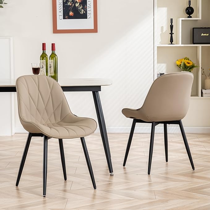 YOUNIKE Dining Chairs Set of 2, Khaki Comfy Padded Kitchen Chairs, Armless Modern Faux Leather Upholstered Dining Room Chairs, Elegant Dinning Chairs Side Chairs, Loads up to 300LBS - LeafyLoom