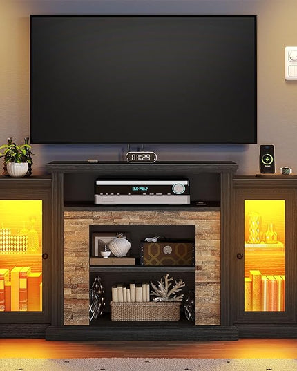YITAHOME Modern TV Stand for up to 65 Inch TVs, Entertainment Center with LED Lights and Power Outlets, Farmhouse TV Cabinet Media Console Table with Glass Doors for Living Room, Black, 59 Inch - LeafyLoom