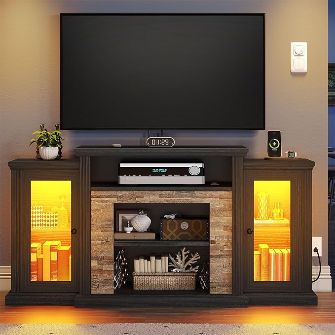 YITAHOME Modern TV Stand for up to 65 Inch TVs, Entertainment Center with LED Lights and Power Outlets, Farmhouse TV Cabinet Media Console Table with Glass Doors for Living Room, Black, 59 Inch - LeafyLoom