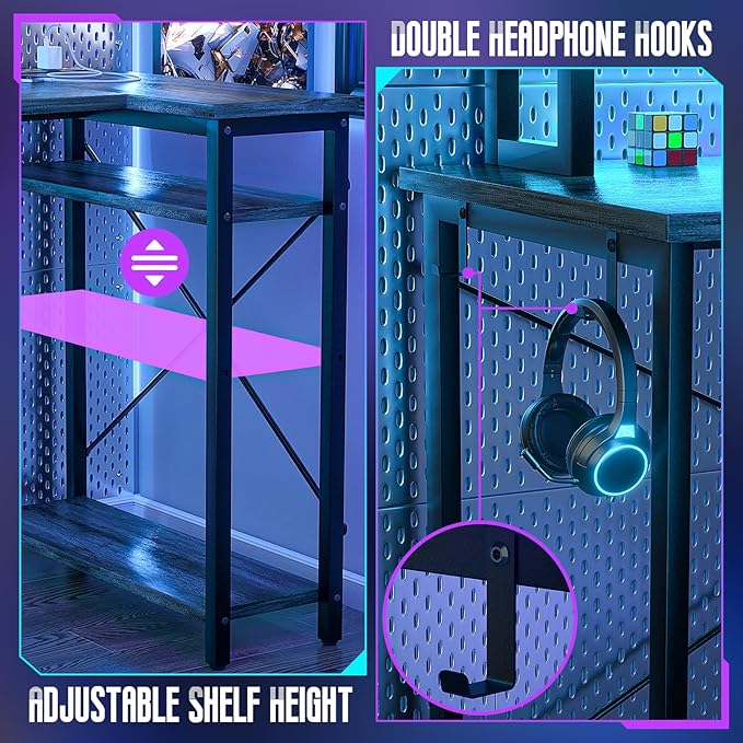 Homieasy L Shaped Gaming Desk with Power Outlet & LED Light, 55 Inch Computer Desk with Storage Shelves, Reversible Corner Desk with Monitor Stand Headset Hooks for Home Office, Black Oak - LeafyLoom