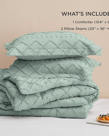 Bedsure King Size Comforter Set - Sage Green Comforter, Boho Tufted Shabby Chic Bedding Comforter Set, 3 Pieces Farmhouse Bed Set for All Seasons, Fluffy Soft Bedding Set with 2 Pillow Shams - LeafyLoom