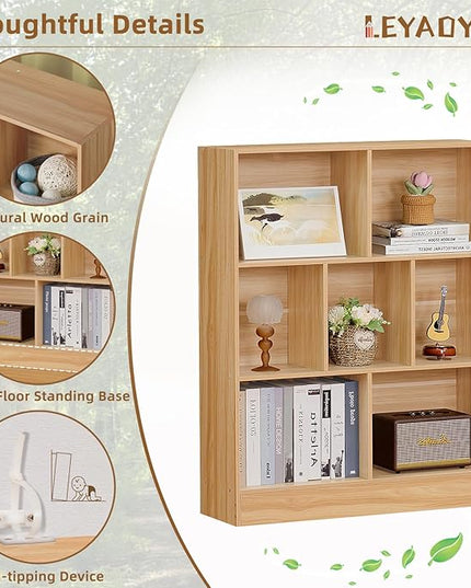 LEYAOYAO 7 Cube Bookshelf with Base,3 Tier Mid-Century Modern Natural Bookcase,Standing Wide Bookshelves Storage Organizer Shelf,Rustic Wood Display Cabinet Book Shelves for Bedroom,Living Room,Office - LeafyLoom