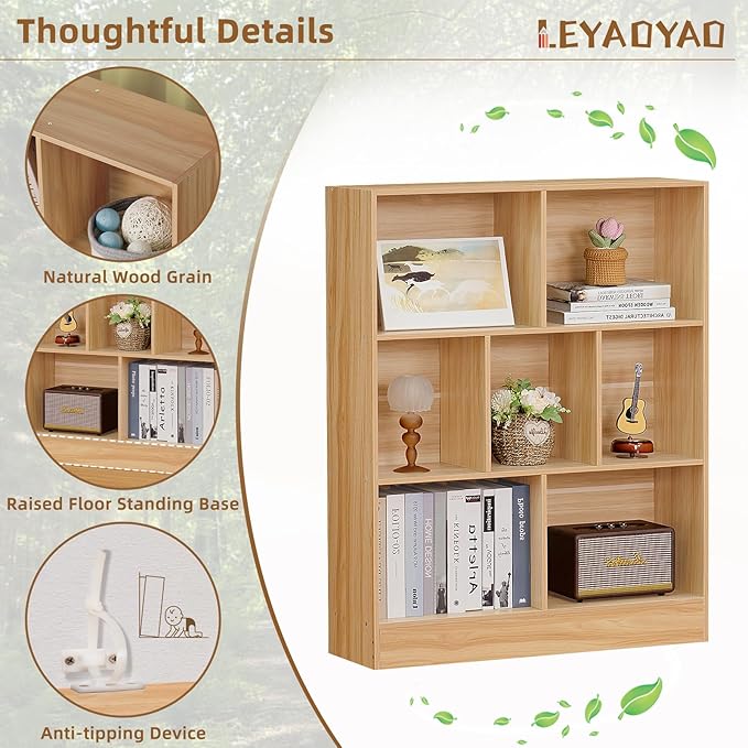 LEYAOYAO 7 Cube Bookshelf with Base,3 Tier Mid-Century Modern Natural Bookcase,Standing Wide Bookshelves Storage Organizer Shelf,Rustic Wood Display Cabinet Book Shelves for Bedroom,Living Room,Office - LeafyLoom