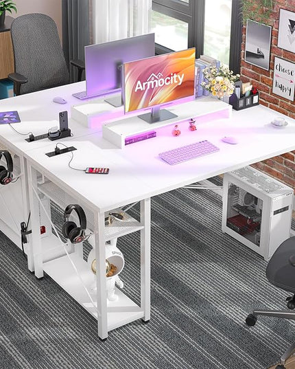 armocity Computer Desk with LED Lights, Gaming Desk with Power Outlet and USB, 40 Reversible Laptop Table with Moveable Monitor Stand, Small Desk for Small Spaces, Office, Gaming Room, White - LeafyLoom