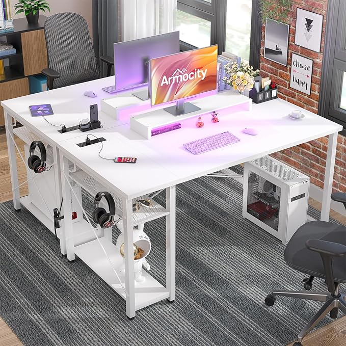 armocity Computer Desk with LED Lights, Gaming Desk with Power Outlet and USB, 40 Reversible Laptop Table with Moveable Monitor Stand, Small Desk for Small Spaces, Office, Gaming Room, White - LeafyLoom