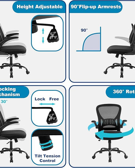 Mesh Office Chair, Ergonomic Computer Chair with Flip-up Arms and Lumbar Support, Height Adjustable Home Office Desk Chairs, Black - LeafyLoom