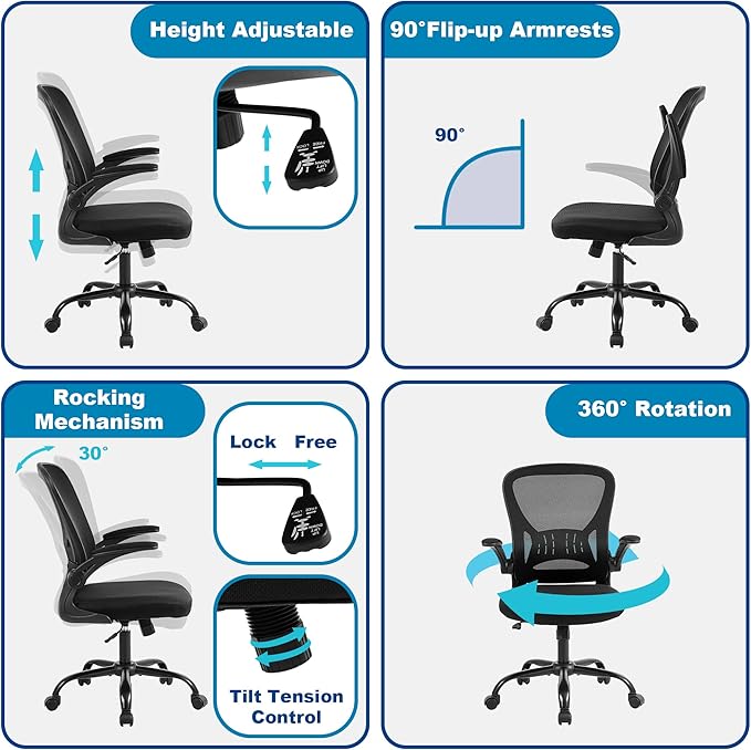 Mesh Office Chair, Ergonomic Computer Chair with Flip-up Arms and Lumbar Support, Height Adjustable Home Office Desk Chairs, Black - LeafyLoom