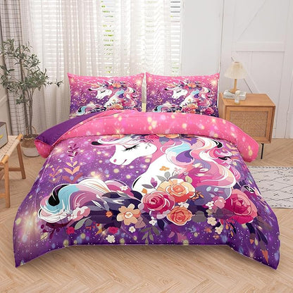 Tailor Shop Unicorn Bedding Twin Size 5 Pieces Unicorn Comforter Bed in a Bag for Girls/Kids Pink Comforter Set for Kids Girls Unicorn Sheets Room Decor… - LeafyLoom
