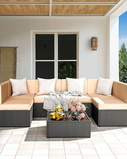 Pamapic Outdoor Rattan Sectional Sofa Conversation Set,7 Pieces Patio Furniture with Tea Table and Washable Cushions, Cream - LeafyLoom