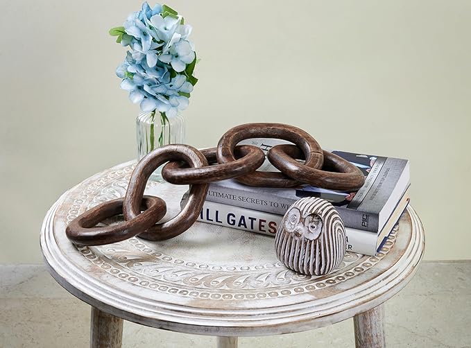 Wood Chain Link Decor Hand Carved 5-Link Wood Knot Decorative Chain, Rustic Wood Link Decorative Object Large Wooden Chain for Home Living Room Coffee Table Farmhouse Walnut - LeafyLoom