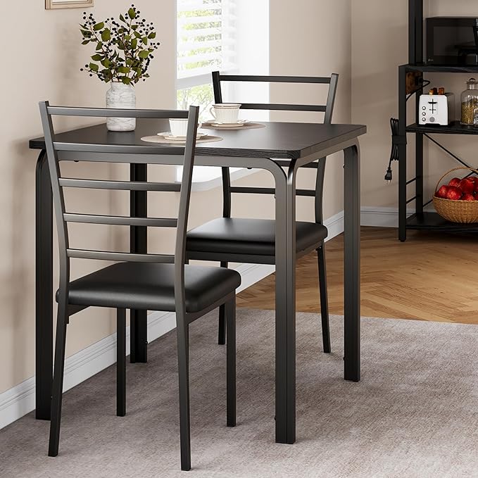 IDEALHOUSE Dining Table for 2, Small Table and Chairs Set of 2, Dinette Set for 2, Square Dinner Table Set, 3 Piece Kitchen & Dining Room Sets for Small Space (Black, Dining Table with 2Chairs) - LeafyLoom