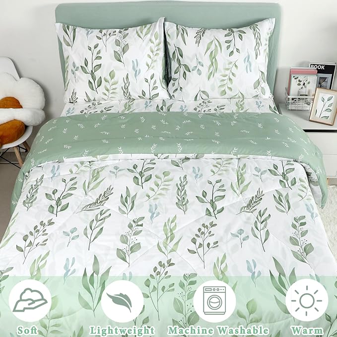 DILIMI Queen Comforter set, 3 Pieces Queen Size Comforter Sets, Reversible Green Comforter Queen, Ultra Soft and Fluffy Bedding Comforter Sets with Comforter, 2 Pillowcase - LeafyLoom