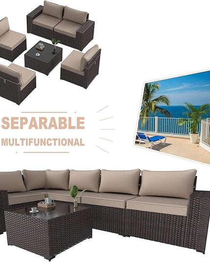 Kullavik 6PCS Outdoor Patio Furniture Set PE Wicker Rattan Sectional Sofa Patio Conversation Sets,Khaki - LeafyLoom