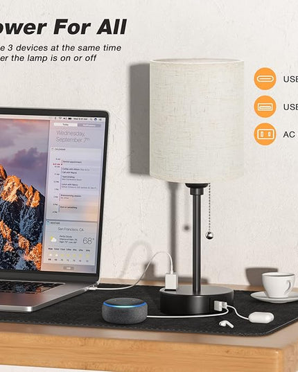 Small Bedside Lamps 3 Color Modes - Off White 2700K 3500K 5000K Bedroom Lamps with USB C and A Ports, Pull Chain Table Lamps with AC Outlet, Nightstand Lamps with Black Metal Base for Kids Reading - LeafyLoom