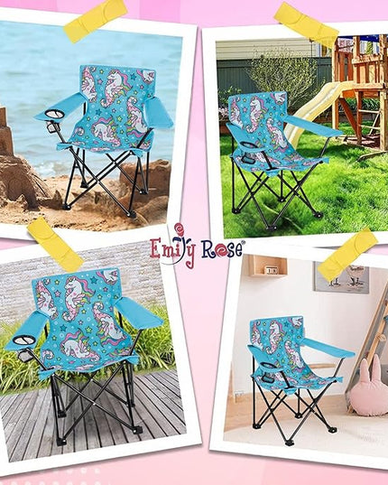 Emily Rose Kids Folding Chair | Beach Chair with Safety Lock- Camping Chair for Boyos Girls Toddler with Cup Holder & Carry Case- Tailgate, Travel, Lawn- for Indoor & Outdoor (Sea Unicorns) - LeafyLoom