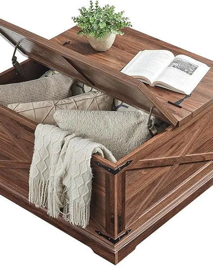 Farmhouse Square Coffee Table with Storage, Wood Center Table with Hinged Lift Top, Rustic Cocktail Table with Large Hidden Storage Compartment for Living Room, Bedroom,Brown - LeafyLoom