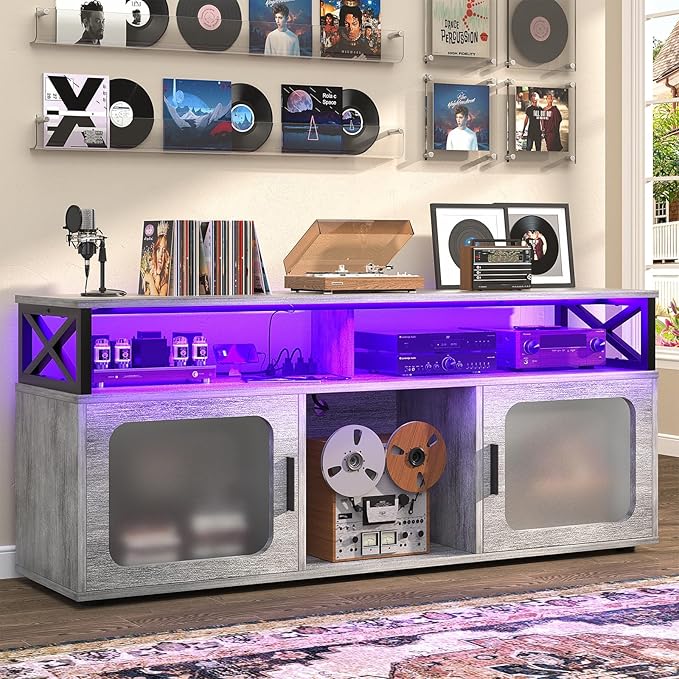 Aheaplus TV Stand for 55 60 Inch TV, Entertainment Center with LED Light & Charging Station, TV Console Table, Large Media Console Cabinet w/Soundbar Shelf, for Living Room, Bedroom, White Oak - LeafyLoom