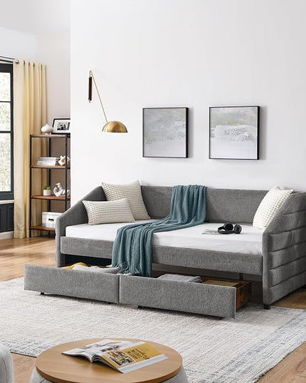 Linen Upholstered Twin Size Daybed with Two Storage Trundle Drawers, Solid Wood Tufted Sofa Bed Frame for Bedroom, Guest Room, Dorm, No Box Spring Needed, Space-Saving Design, Grey - LeafyLoom