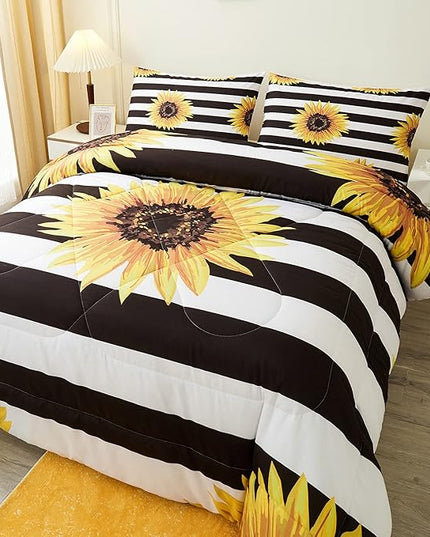 Sunflower Comforter Sets,Beautiful Vintage Bright Floral Pattern,Decorative Bedding Comforter Sets with 2 Pillow Shams, Queen Size - LeafyLoom