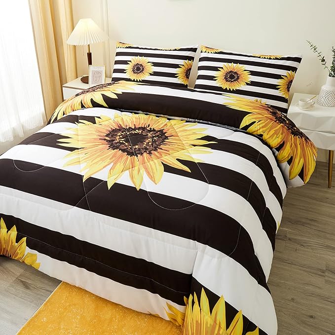 Sunflower Comforter Sets,Beautiful Vintage Bright Floral Pattern,Decorative Bedding Comforter Sets with 2 Pillow Shams, Queen Size - LeafyLoom