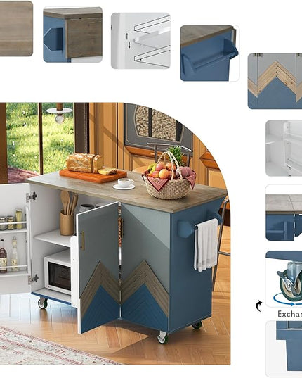 47Inch Vintage Kitchen Island Table on Wheels with Internal Storage Cabinet, Towel Rack, Rolling Kitchen-Cart w/Drop Leaf for Dining Room Living Room, House Bar - LeafyLoom