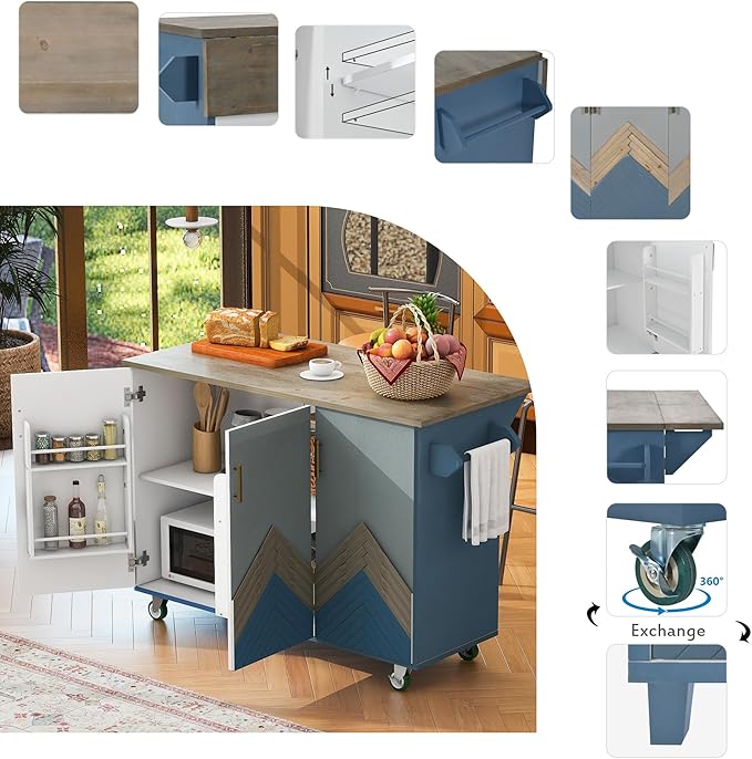 47Inch Vintage Kitchen Island Table on Wheels with Internal Storage Cabinet, Towel Rack, Rolling Kitchen-Cart w/Drop Leaf for Dining Room Living Room, House Bar - LeafyLoom