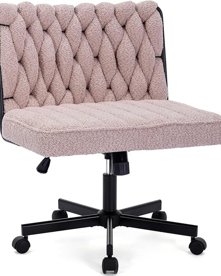 Criss Cross Legged Office Desk Chair with Wheels, Modern Armless Desk Chair with Wide Seat, Home Office Chair for Work, Meditation, Vanity, Pink - LeafyLoom