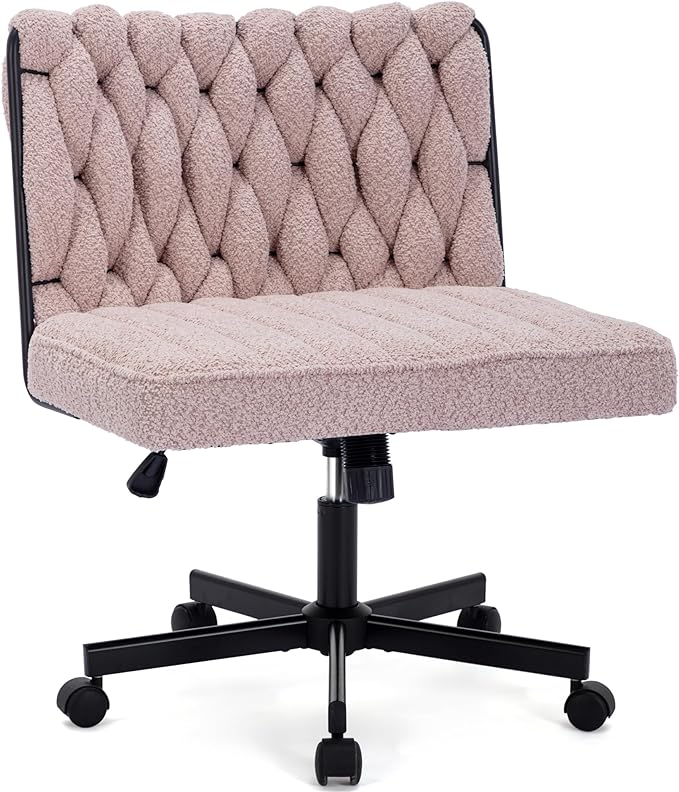 Criss Cross Legged Office Desk Chair with Wheels, Modern Armless Desk Chair with Wide Seat, Home Office Chair for Work, Meditation, Vanity, Pink - LeafyLoom