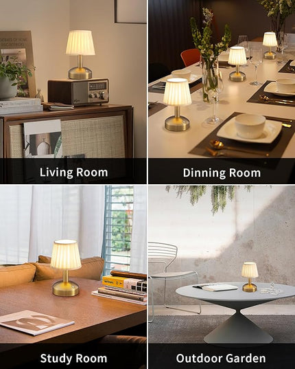 KDG Modern Cordless Small Table Lamp, Portable LED Fabric Shade Desk Lamps, 5000mAh Rechargeable Battery Operated Lighting for Bedroom, Bedside, Bar, Living Room, Dining Room, Night Light(Gold) - LeafyLoom