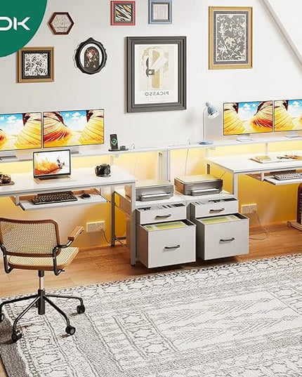 AODK 55 Inch Computer Desk with Power Outlet and LED Light, Reversible Office Desk with File Cabinet and Drawer, Gaming Desk with Keyboard Tray, Study Table with Full Monitor Riser and PC Stand, White - LeafyLoom