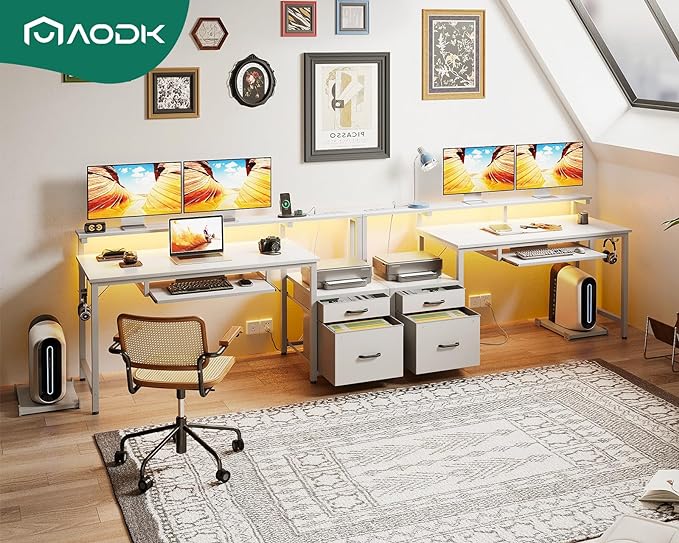 AODK 55 Inch Computer Desk with Power Outlet and LED Light, Reversible Office Desk with File Cabinet and Drawer, Gaming Desk with Keyboard Tray, Study Table with Full Monitor Riser and PC Stand, White - LeafyLoom